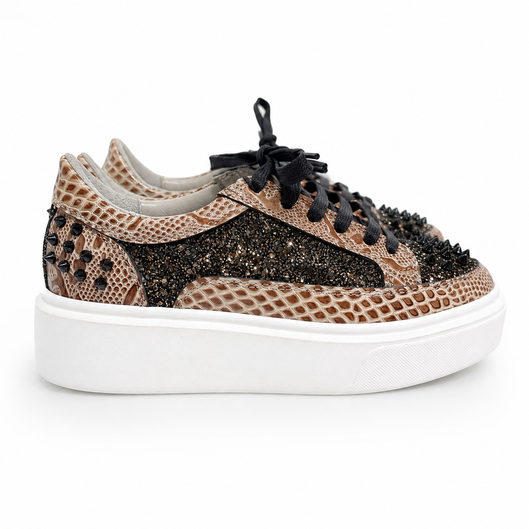 Sneakers Low-Top, Piele, Snake Cognac Glitter