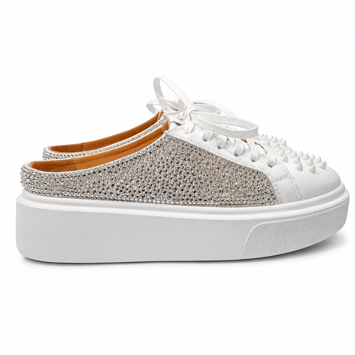 Mule Sneakers, Saboți, Piele, Cristale, Crystal Spike White