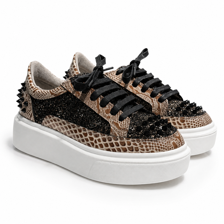 Sneakers Low-Top, Piele, Snake Cognac Glitter