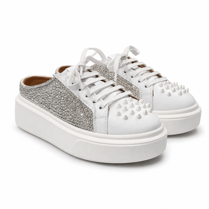 Mule Sneakers, Saboți, Piele, Cristale, Crystal Spike White