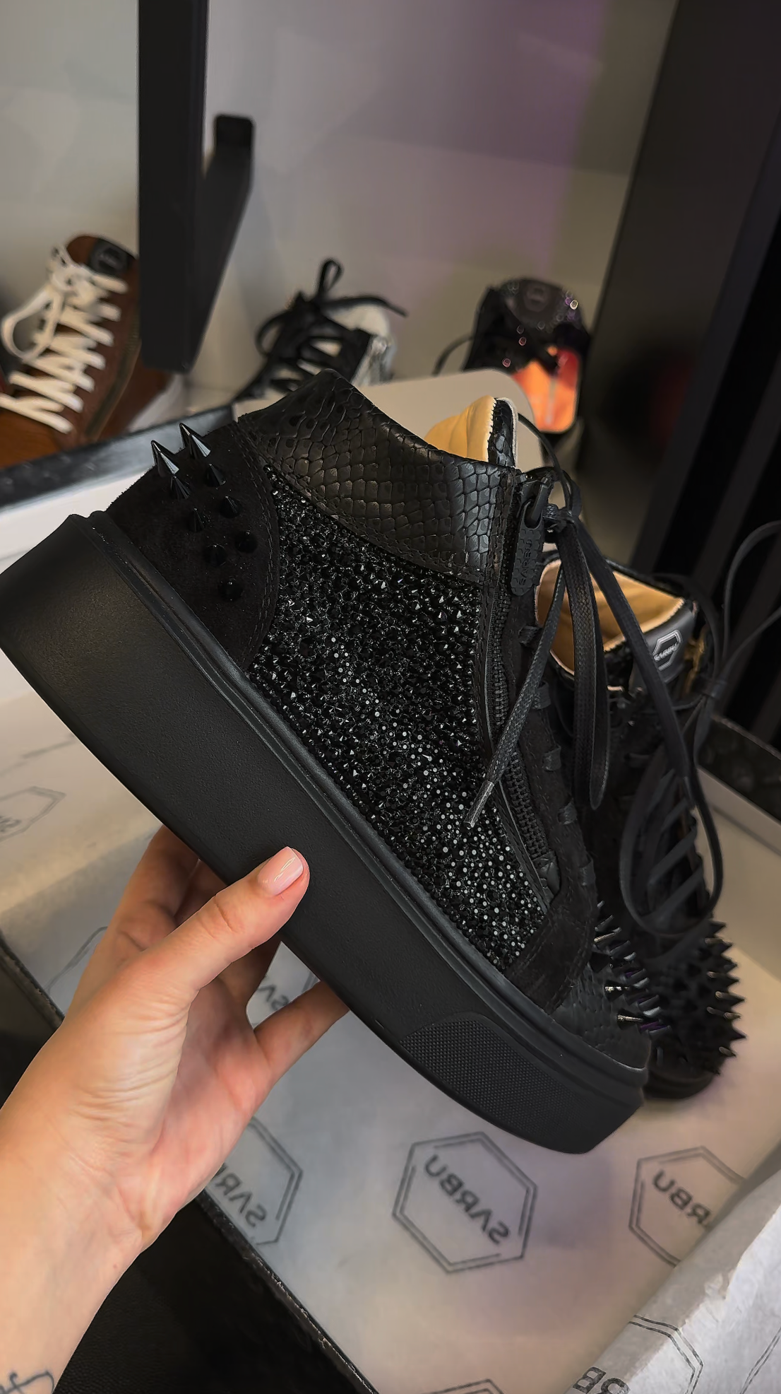 Sneakers Hi-Top, Piele, Cristale, Dark Shine