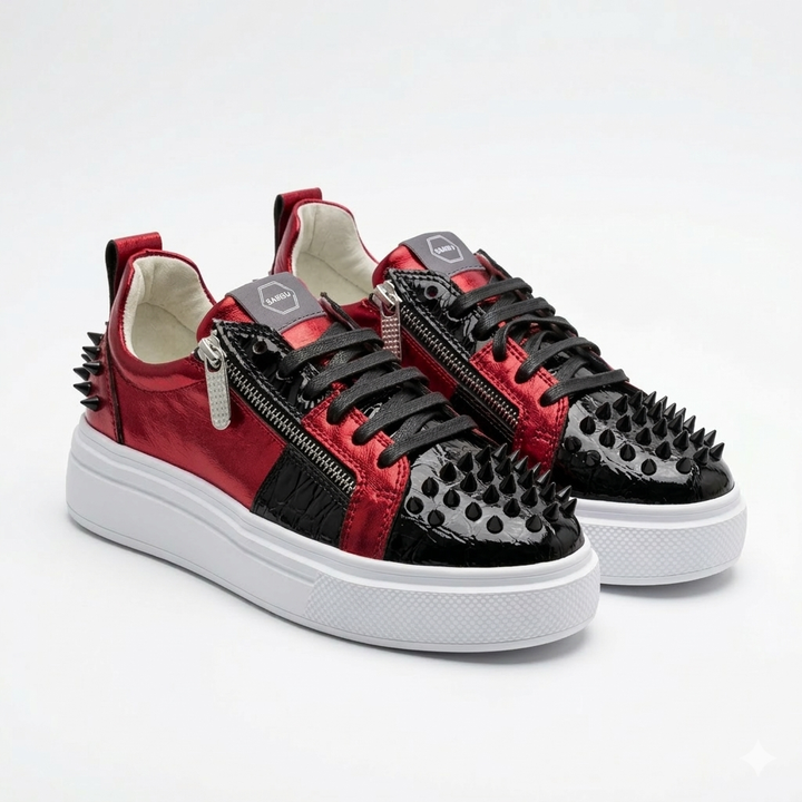 Sneakers Low-Top, Piele, Rosso Nero